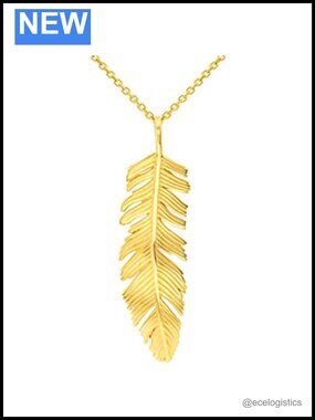 Solid 14k Yellow Gold Polished Feather Charm Pendant Necklace